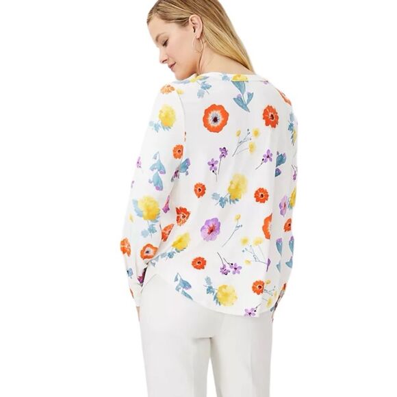 Ann Taylor Multi Color Long Sleeve Floral Mixed Media Pleat Front Blouse Size M - Picture 2 of 8